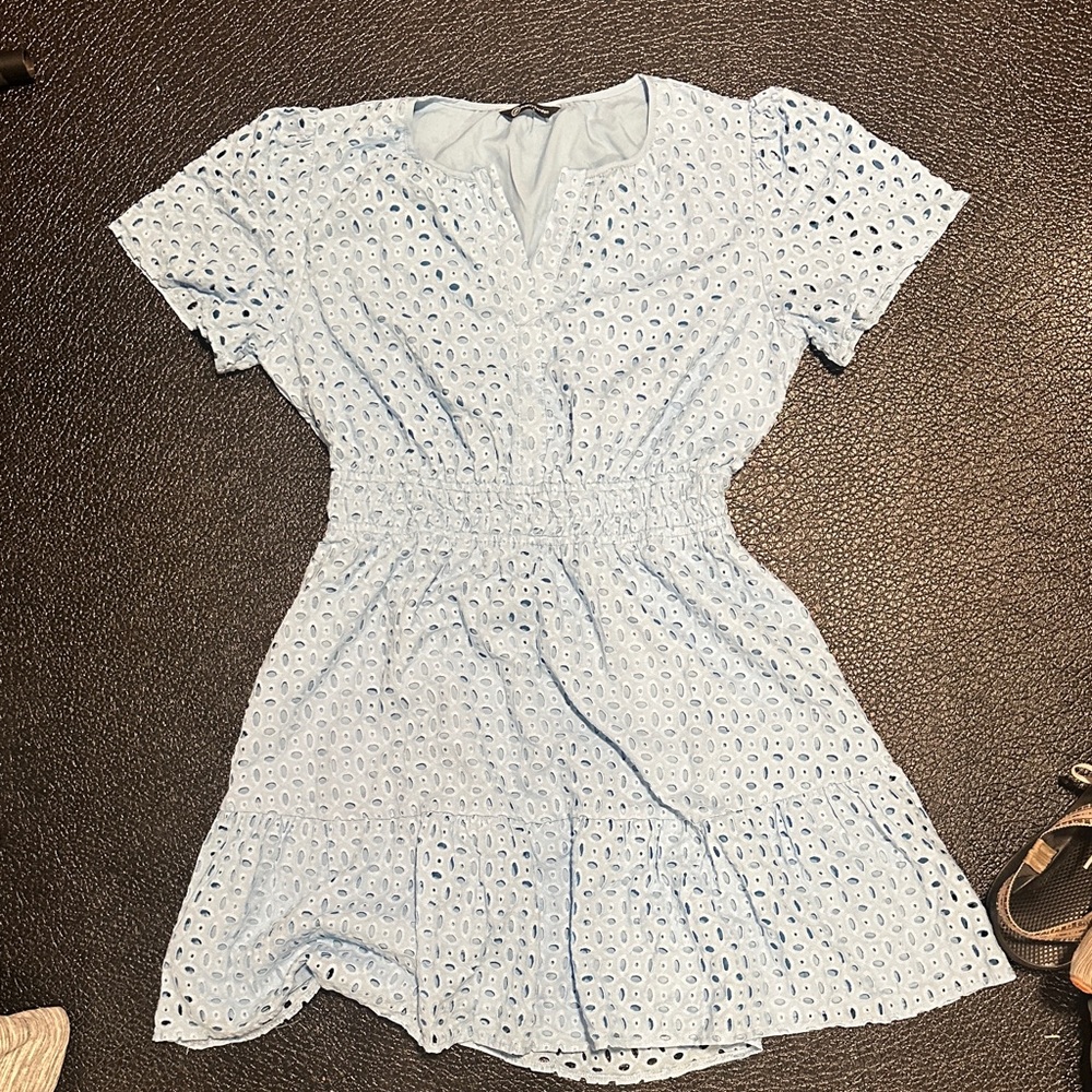 Elegant Light Blue Eyelet Mini Dress